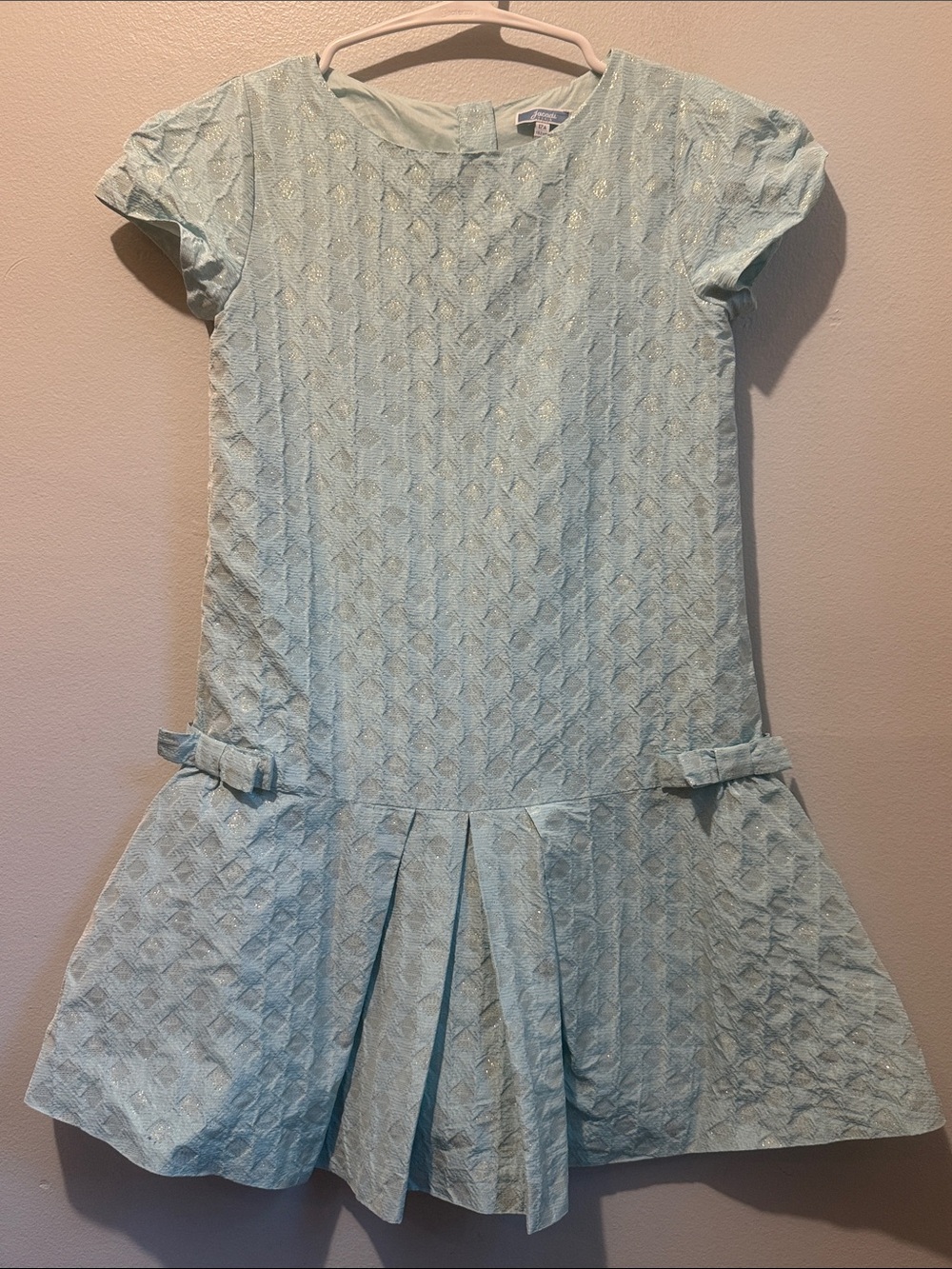 Jacadi Paris 12 A 152 cm Light Blue Textured Pleat Front Party Dress Silver